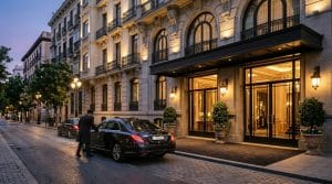 Entrada elegante de un hotel discreto de lujo en Madrid