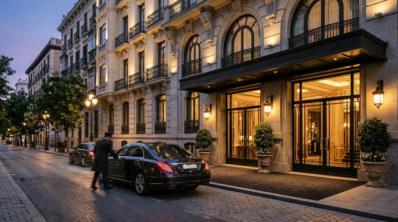 Entrada elegante de un hotel discreto de lujo en Madrid